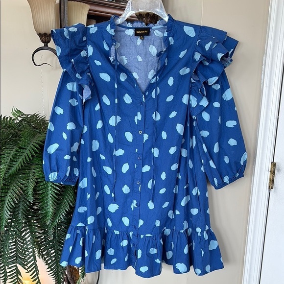 NWOT Sugarlips Odessa Dot Sammy Ruffle Drop Waist Dress Balloon Sleeves Cotton - Picture 2 of 16